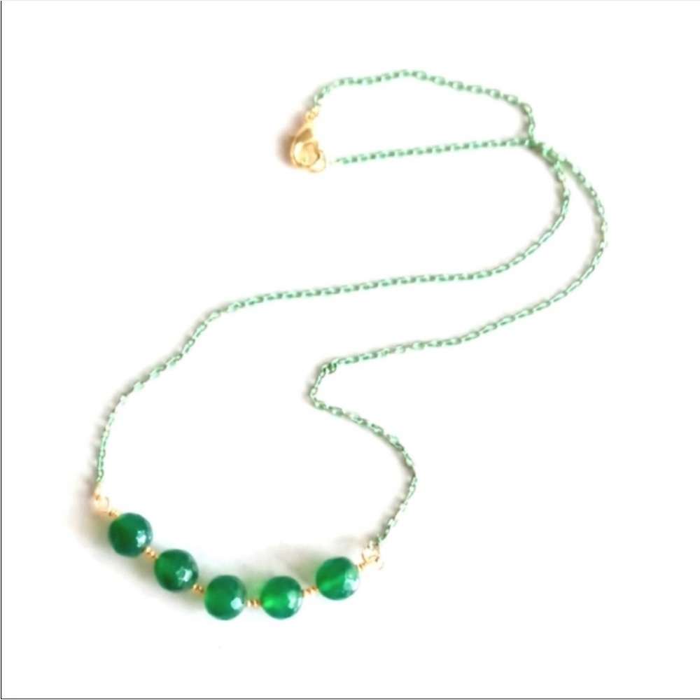 Green quartzite gems, green diamond cut 14k gold chain 18” necklace